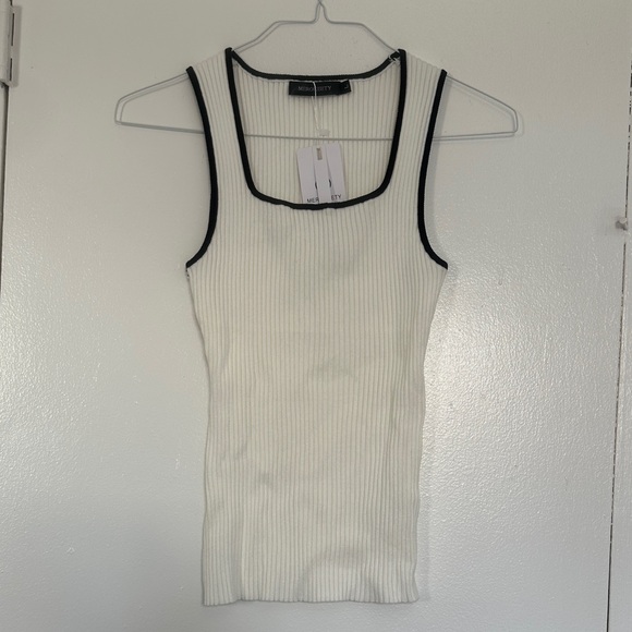 Meshki Tops - Meshki White Ribbed Tank with Black Contrast Trim
